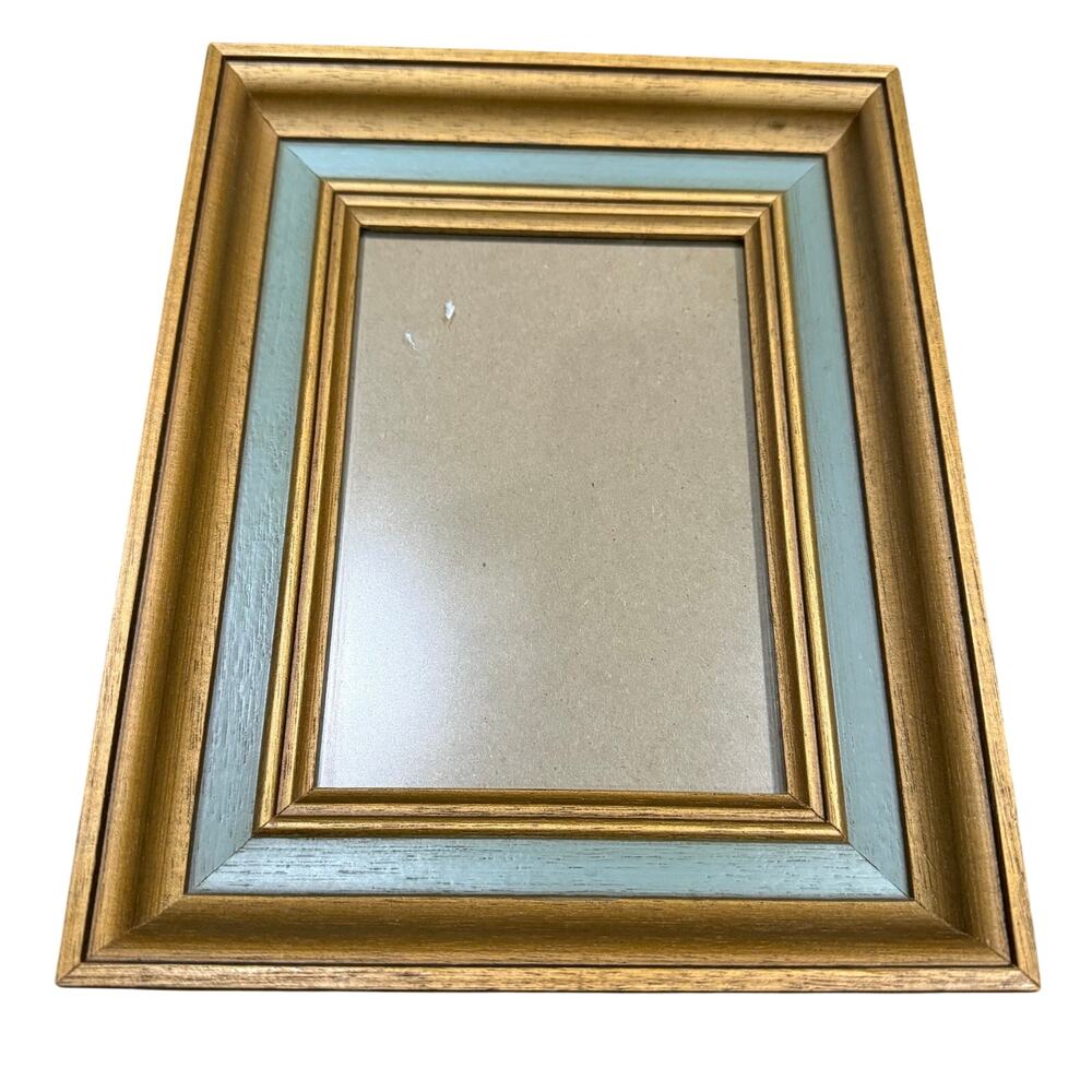 Vintage Ornate Solid Wood Picture Frame Gold Blue Painted 5x7 Size Wall Hanging
